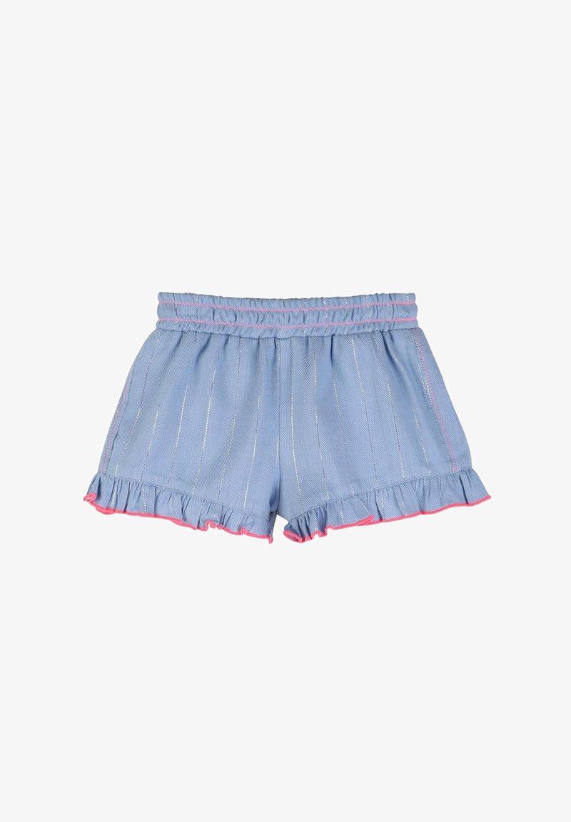 Shorts pour enfants bleu clair avec ceinture élastique, rayures argentées verticales et ourlets à volants bordés de rose vif.