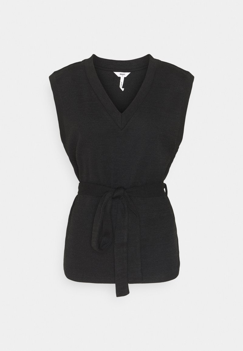 Top negro sin mangas con escote en V, cintura ceñida y textura suave. Diseño minimalista con un color sólido y sin patrones adicionales.
