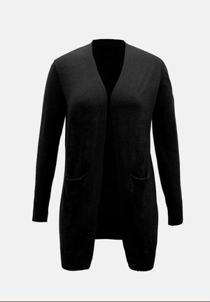 Cardigan largo negro hecho de material de punto, con un frente abierto, dos bolsillos frontales y puños acanalados. Diseño simple y cómodo.