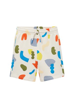Short blanc pour enfants avec des formes abstraites colorées en bleu, vert, orange, jaune et beige, doté d'une ceinture élastique et d'un cordon de serrage.