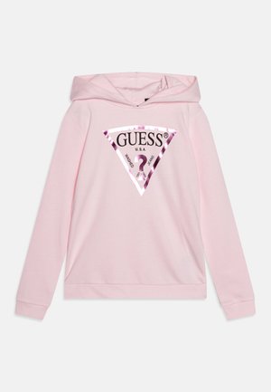 Felpa rosa realizzata in tessuto morbido, con un grande logo triangolare in nero lucido e bianco con accenti. Maniche lunghe e cappuccio con lacci.