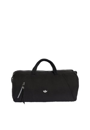Schwarze Adidas Duffel-Tasche mit zwei Griffen, Frontreißverschlusstasche und weißem Adidas-Trefoil-Logo mittig an der Seite.