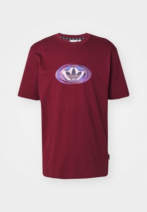 Burgundy cotton T-shirt with a round neck, short sleeves, and a multicolored graphic of a logo centered on the chest.