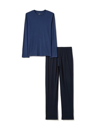 Marineblaues Langarmshirt kombiniert mit dunkeln marineblauen Hosen mit elastischem Bund, beide flach auf weißem Hintergrund liegend.