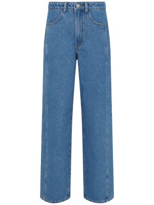 Τζιν παντελόνι μπλε, ψηλόμεσο, με φαρδιά μπατζάκια, μπροστινές τσέπες, θηλιές για ζώνη και κούμπωμα με κουμπί.