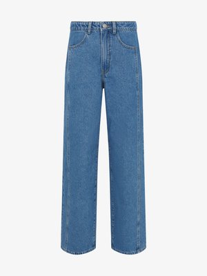 Kõrge vöökohaga sinised teksapüksid laia säärega, esist taskutega, vööaasade ja nööpidega sulgumisega.