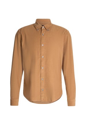 Braune Langarmbluse aus weichem Stoff mit spitzem Kragen, Knopfleiste und abgerundetem Saum. Besitzt silberne Knöpfe und eine glatte Textur.