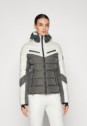 Padded jacket with a hood, featuring a gray and white color scheme, horizontal quilted texture, and zippered chest pockets.