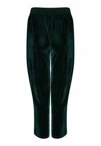 Fluwelen groene joggerbroeken met een elastische tailleband, recht gesneden ontwerp en een gladde textuur. Geen zichtbare patronen of accenten.
