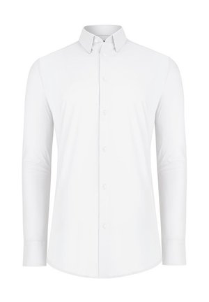 Biała, długa koszula z długim rękawem, zapinana na guziki, z kołnierzykiem, o gładkiej strukturze, dopasowanym kroju i sześcioma guzikami z przodu.