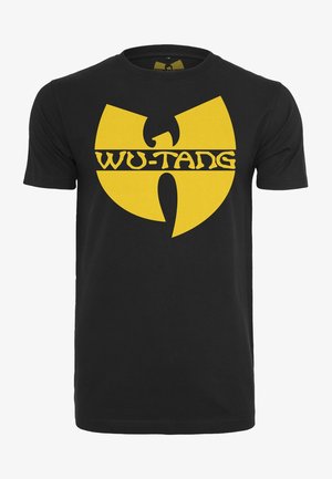 Black cotton T-shirt featuring a large yellow Wu-Tang logo with bold black text below it. Crew neckline and short sleeves.