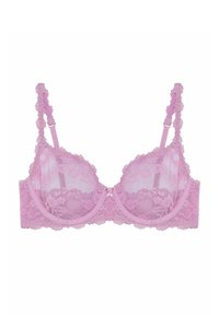 Rosa spetsbehå med genomskinlig tyg, blommönster, vågiga kanter, justerbara band och en liten dekorativ knapp i centrum fram.