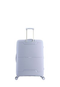 Light grey hard-shell suitcase with telescopic handle extended and four spinner wheels on a white background.