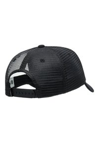 Black baseball cap with a mesh back. Features a curved brim, adjustable plastic snap closure, and a solid black fabric front.