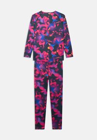 Long-sleeve top and pants set in stretchy black fabric with a vibrant abstract pattern in pink, purple, and blue tones throughout.