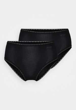 Black cotton hipster underwear set with scalloped lace trim and logo accent. Smooth texture, full coverage design. Two pairs displayed.