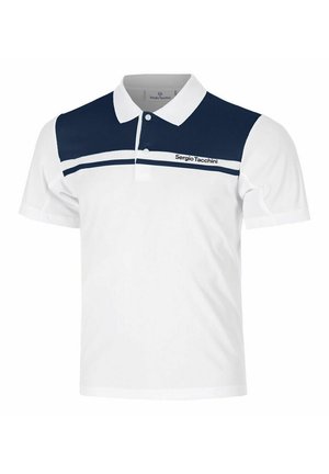 Wit poloshirt met een donkerblauw paneel en strepen over de borst, met het "Sergio Tacchini"-logo aan de rechterkant.