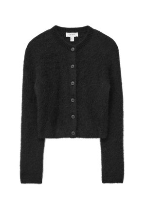 Sort cropped cardigan lavet af blødt materiale med rund halsudskæring, lange ærmer og seks knapper foran. Tekstureret finish.