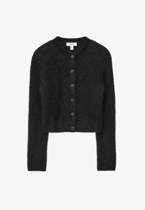 Sort cropped cardigan lavet af blødt materiale med rund halsudskæring, lange ærmer og seks knapper foran. Tekstureret finish.