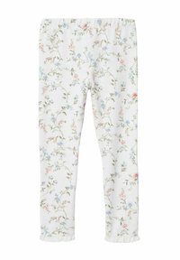 Witte leggings met een bloemenpatroon in blauw en roze. Ze hebben een zachte textuur, een elastische tailleband en een gerimpelde zoom bij de enkels.