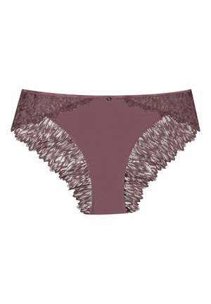 Burgundy lace underwear with detailed scalloped edges, a smooth central panel, and a small decorative button at the front.