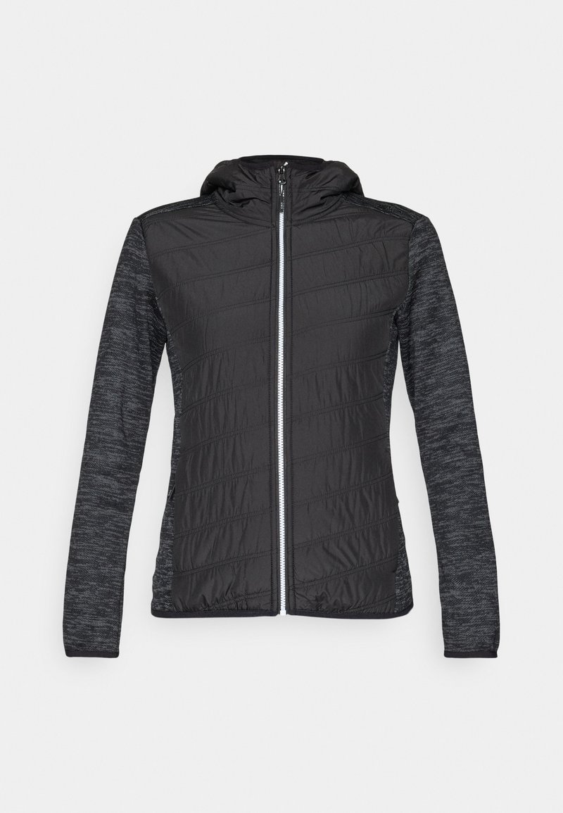 Leichte schwarze Kapuzenjacke mit gesteppter Vorderseite und einfarbigen Ärmeln, ausgestattet mit einem Reißverschluss und subtilen strukturierten Details.