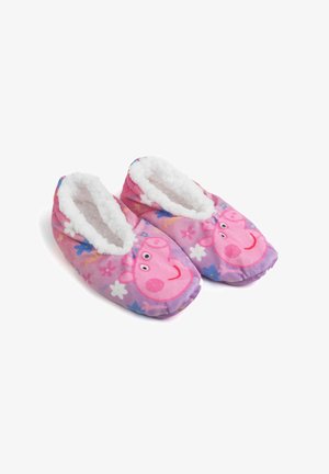 Pantofole per bambini realizzate in morbido tessuto rosa con un design di Peppa Pig, dotate di un soffice rivestimento bianco e motivi floreali all'esterno.