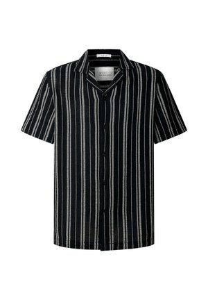 Chemise noire à manches courtes avec des rayures verticales blanches, fermeture à boutons et col classique. Tissu texturé avec une coupe décontractée.