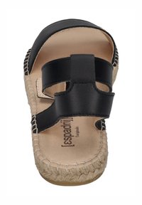 Black leather espadrille sandal featuring a wide strap design, jute espadrille sole, and a soft inner lining. Lightweight and casual style.