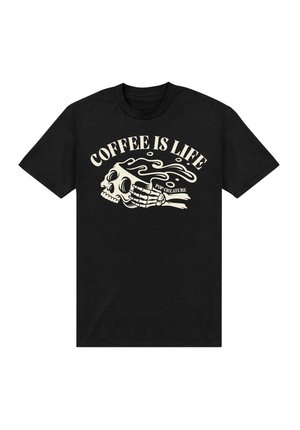 Schwarzes Baumwoll-T-Shirt mit einem Grafikmotiv eines Schädels und einer Skeletthand sowie dem Text "COFFEE IS LIFE" in cremiger Farbe.