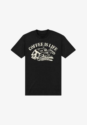T-shirt en coton noir avec un graphique d'un crâne tenant une main squelettique et le texte "LE CAFÉ EST LA VIE" en couleur crème.
