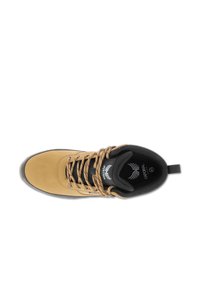 Brown leather hiking boot with black accents, padded collar, and metal eyelets. Features a textured rubber sole and a logo on the tongue.