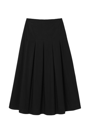 Schwarzer plissierter Rock aus glattem Stoff. Midilanges Design mit tailliertem Bund und ausgestelltem Saum, mit klaren Linien und ohne sichtbare Verschlüsse.