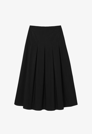 Jupe plissée noire en tissu lisse. Design mi-longueur avec une taille ajustée et un ourlet évasé, présentant des lignes épurées et sans fermetures visibles.