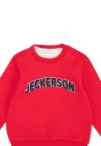 Red sweatshirt with round neck, ribbed cuffs and hem, featuring large black and white embroidered "JECKERSON" on the front.