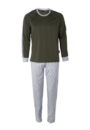 Maglietta a maniche lunghe verde oliva con dettagli grigi e polsini a coste abbinata a pantaloni grigi chiari. Tessuto morbido, vestibilità comoda e design semplice.