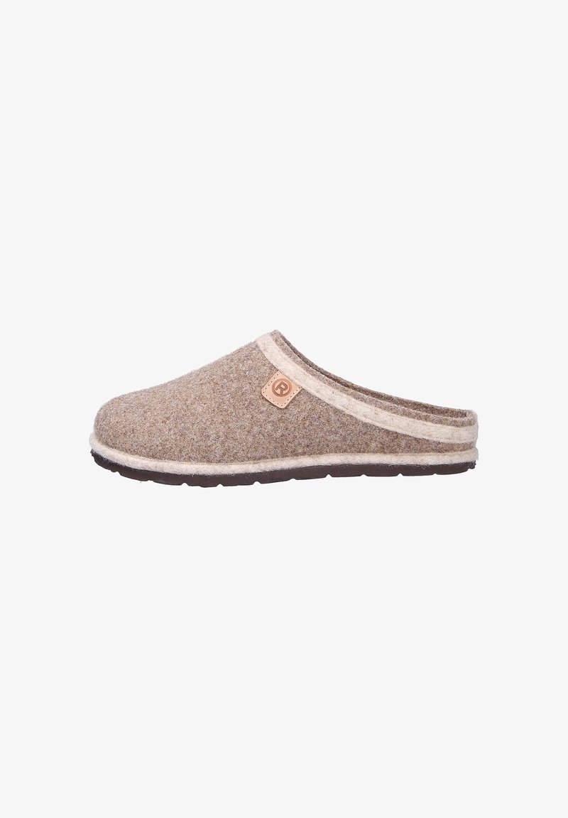 Brown wool slip-on slipper with beige trim and dark sole, side view against white background.