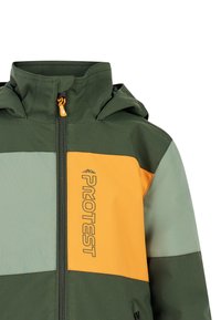 Giacca alla moda verde e arancione con cappuccio; presenta una chiusura lampo frontale, un design a blocchi di colore e il logo "PROTEST" sul petto.
