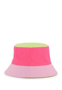 Chapeau seau rose et vert citron avec une texture lisse, doté d'un large bord et d'un accent cousu. L'intérieur est vert citron.