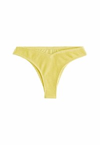 Keltainen bikinin alaosa, jossa on teksturoidu kudoskuvio, V-muotoinen etuosa ja saumatonta reunaa mukavuutta varten. Sopii uima-asuksi.