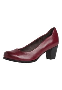 Décolleté da donna in pelle bordeaux con tacco basso nero e punta arrotondata su sfondo bianco.