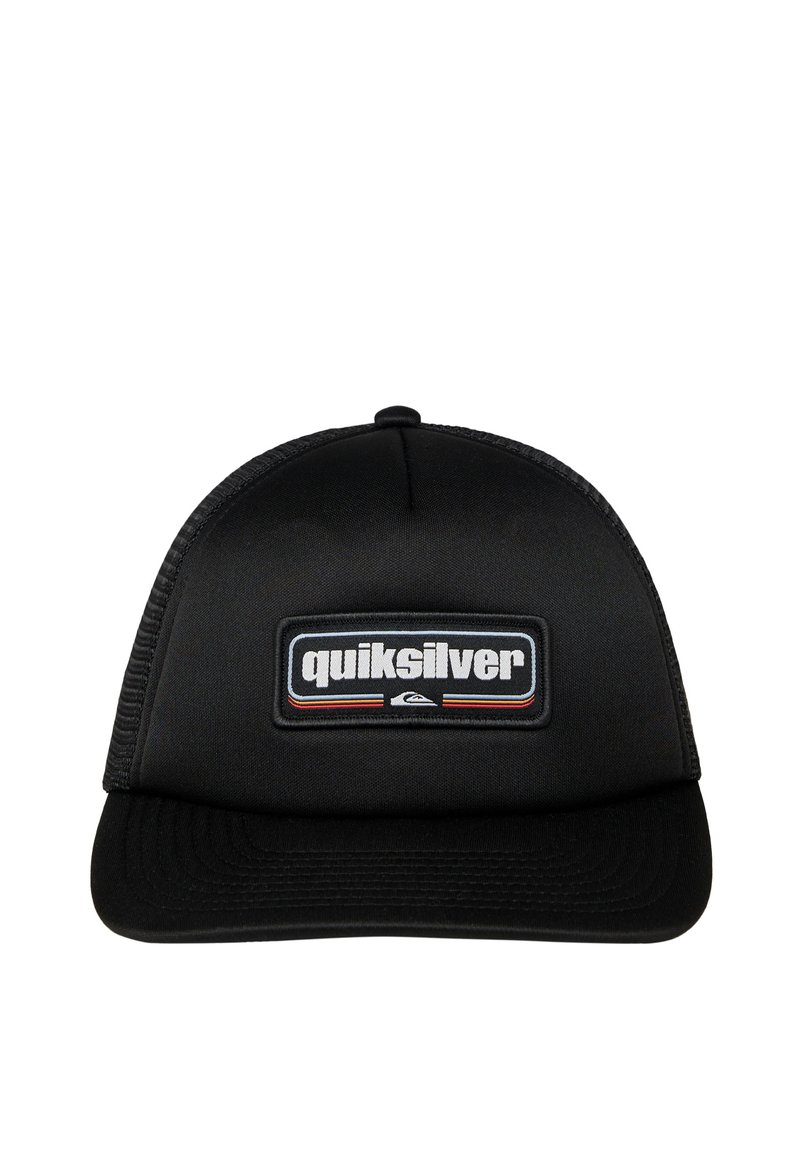 Black trucker hat with a flat brim, featuring a white and red Quiksilver logo patch on the front and mesh detailing on the sides.