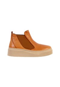 Braune Leder-Stiefeletten mit elastischen Seitenpaneelen, einem gepolsterten Kragen und einer strukturierten beigen Gummisohle. Genähte Akzente betonen das Design.