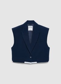 Marineblauer ärmelloser Blazer mit aufgesetzten Revers, Ein-Knopf-Verschluss und vorderen Taschen. Glatter Stoff, cropped Design.