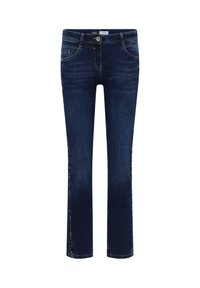 Vaqueros de mezclilla azul oscuro con un corte ajustado, cinco bolsillos y costuras doradas en contraste. Presentan cierre frontal con botón y cremallera.