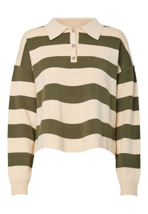 Pruhovaný pletený polokošile svetr s vodorovnými zelenými a krémovými pruhy, se zapínáním na čtyři knoflíky a designem s pokleslými rameny, s žebrovanými manžetami.