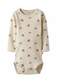 Långärmad baby bodysuit i krämfärgad ribbad tyg, med ett spritt mönster av croissanter och tryckknappar nedtill.