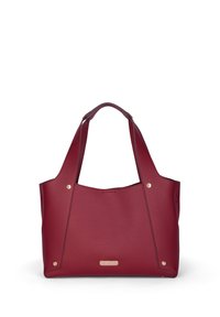 Rød læder tote bag med to brede håndtag og guldfarvet beslag på en hvid baggrund.