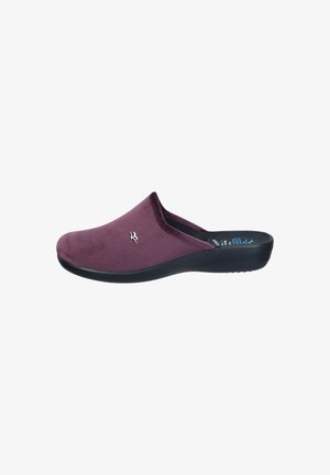 Mauve slip-on clogs with a soft fabric upper and black rubber sole. Features a small logo accent on the side and a rounded shape.