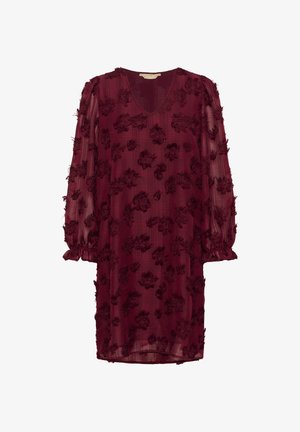 Burgundská šaty po kolená s priesvitnými dlhými rukávmi, výstrihom do V, textúrovanou kvetinovou aplikáciou a nariadenými elastickými manžetami.